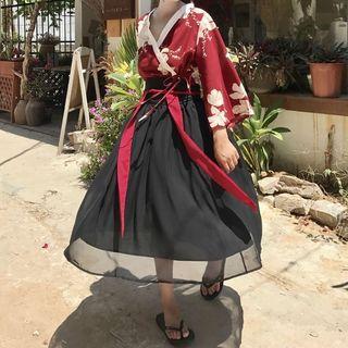 Flower Print Blouse / Chiffon A-line Skirt / Set