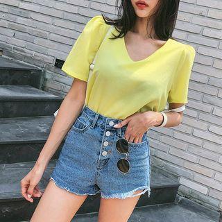 Set: V-neck Puff-shoulder Top + Button-fly Denim Shorts