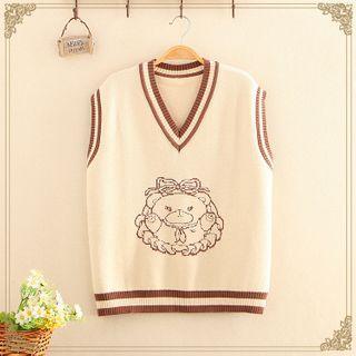 Contrast-trim V-neck Bear Jacquard Knit Vest Khaki - One Size