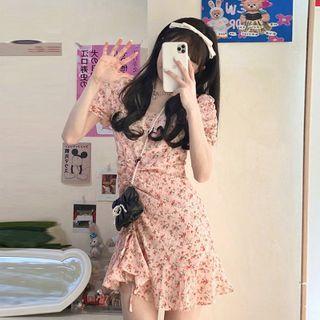 Short-sleeve Floral Print Mini A-line Dress Print - Red - One Size