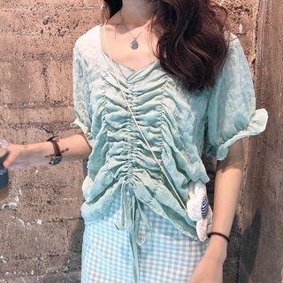 Bell-sleeve Ruffled Drawstring Front Blouse Green - One Size