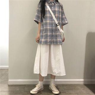 Plaid Elbow-sleeve Shirt / Midi A-line Skirt