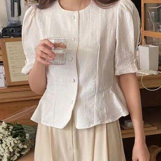 Puff Sleeve Jacquard Peplum Crop Blouse