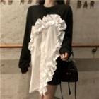 Patchwork Ruffled Long Pullover Black - One Size