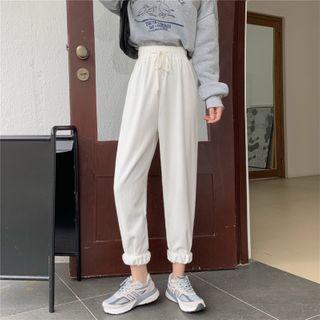 Plain Drawstring Fleece-lined Corduroy Pants