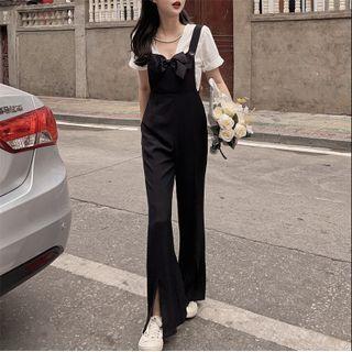 Short-sleeve T-shirt / Slit Wide-leg Jumper Pants