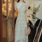 Mandarin Collar Lace Short-sleeve Midi A-line Dress