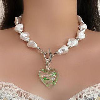 Heart Faux Pearl Necklace Green - One Size