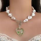 Heart Faux Pearl Necklace Green - One Size