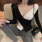 Two-tone Long-sleeve Knit Top Black & White - One Size