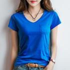 Plain Short-sleeve V-neck Pocket T-shirt