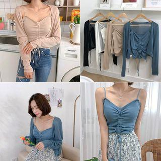 Set: Tie-hem Cardigan + Drawstring-front Camisole Top