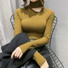 High-neck Long-sleeve Plain Ripped Knit Top