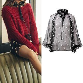 Stand Collar Dotted Lantern-sleeve Mesh Top As Shown In Figure - One Size