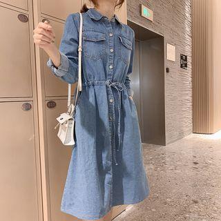 Long-sleeve Denim Midi A-line Dress