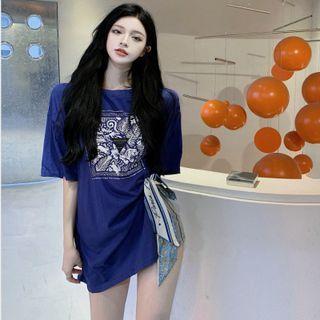 Tie-side Printed Loose T-shirt