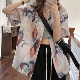 Short-sleeve Print Shirt Ash Beige & Purple & Blue - One Size