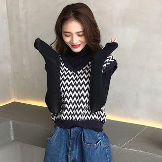 Long-sleeve Top / Zigzag Knit Vest