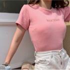 Letter Embroidered Short-sleeve T-shirt Cherry Pink - One Size