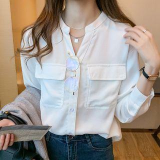 Long-sleeve Front-pocket Open-placket Blouse