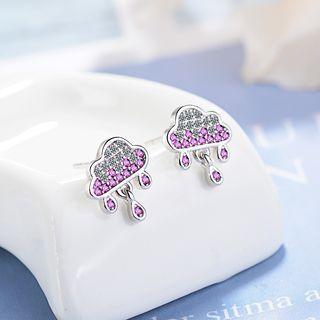 Rhinestone Rain Cloud Earring Copper White Gold Plating - One Size