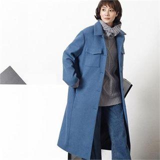 Flap-pocket Single-breasted Coat Dark Blue - One Size