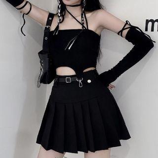 Asymmetrical Cropped Camisole Top / Pleated Mini A-line Skirt