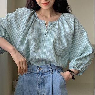 3/4-sleeve Plaid Blouse Plaid - Light Blue - One Size