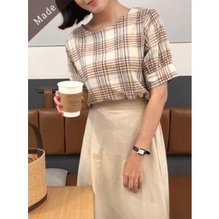 Round-neck Cuff-sleeve Plaid Blouse