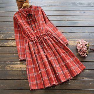 Plaid Drawstring Long-sleeve Shirtdress
