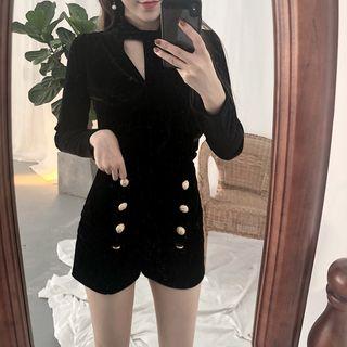 Tie-neck Cutout Long-sleeve Top / Button Detail Shorts