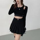 Long-sleeve Cold-shoulder Star Embroidered Cropped T-shirt / Mini Pleated Skirt