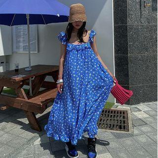 Flower Print Ruffle Midi Overall Dress Floral - Blue - One Size