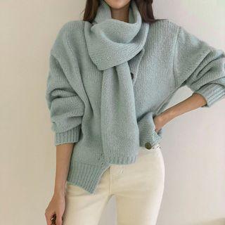 Diagonal-button Scarf Attached Cardigan