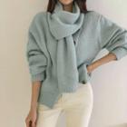 Diagonal-button Scarf Attached Cardigan