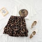 Set: Short-sleeve T-shirt + Leopard Print Chiffon Mini Skirt As Shown In Figure - One Size
