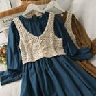Set: Puff-sleeve Midi Dress + Open-knit Vest