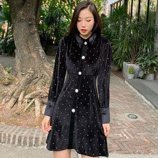 Balloon-sleeve Rhinestone Velvet Mini Shirtdress