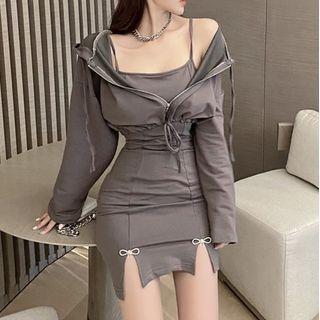 Set: Loose-fit Hooded Jacket + Sleeveless Dress