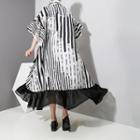 Elbow-sleeve Striped Midi Shirt Dress Black - One Size