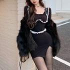 Slited Skinny Mini Dress / Faux-fur Jacket / Details Lace-trim Girdle