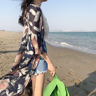 Floral Print Elbow Sleeve Long Chiffon Coat