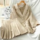 Set: 3/4-sleeve Double-breasted Blazer + Pleated Mini A-line Skirt