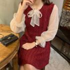 Sequined Long-sleeve A-line Midi Mesh Dress Short - Red - One Size