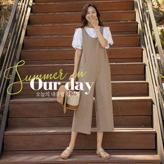 Linen Blend Wide-leg Suspender Pants