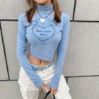 Mock-neck Heart Print Long-sleeve T-shirt