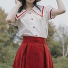Set: Contrast Trim Short-sleeve Shirt + Midi Skirt