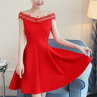 Short-sleeve Perforated Panel A-line Mini Dress