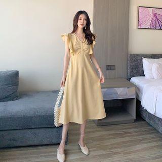 Ruffle Sleeve Shirred Front A-line Dress