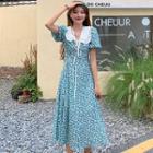 Puff-sleeve Frilled Peter Pan-collar Floral Midi A-line Dress